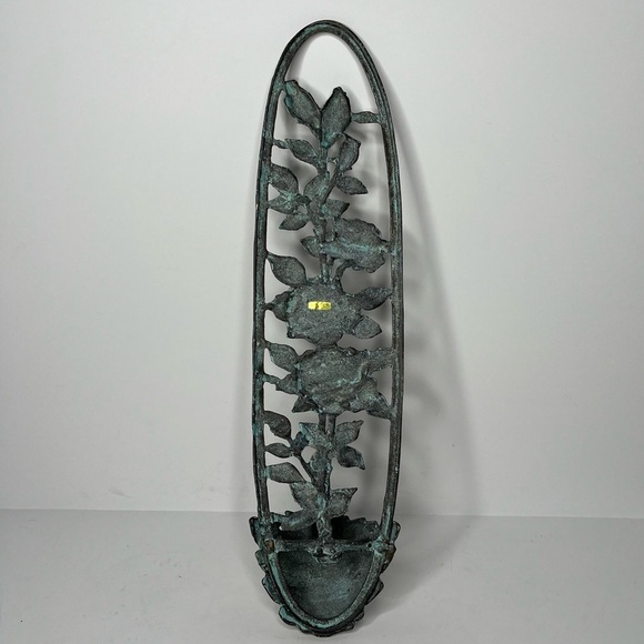 Antiqued Patina Brass 16.5” Tall Wall Sconce Candle Hanger‎ with Rose Embossed - Picture 4 of 11